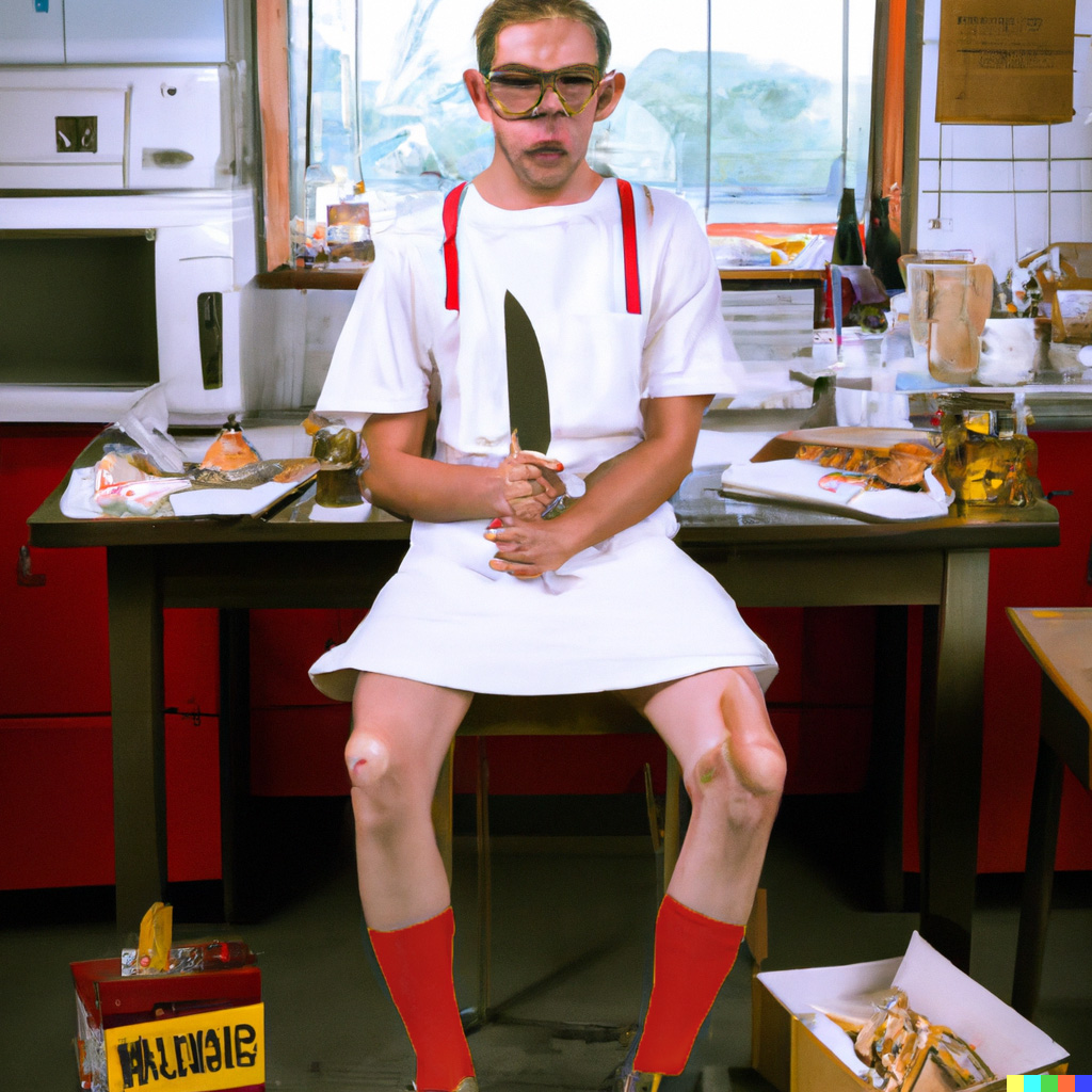 A movie poster of a young chef wearing golden framed glasses, shorts, long red socks and a white t-shirt, and holding a knife sitting on a table in a small messed up restaurant kitchen, mise en scène par labs.openai.com, nachbearbeitet.