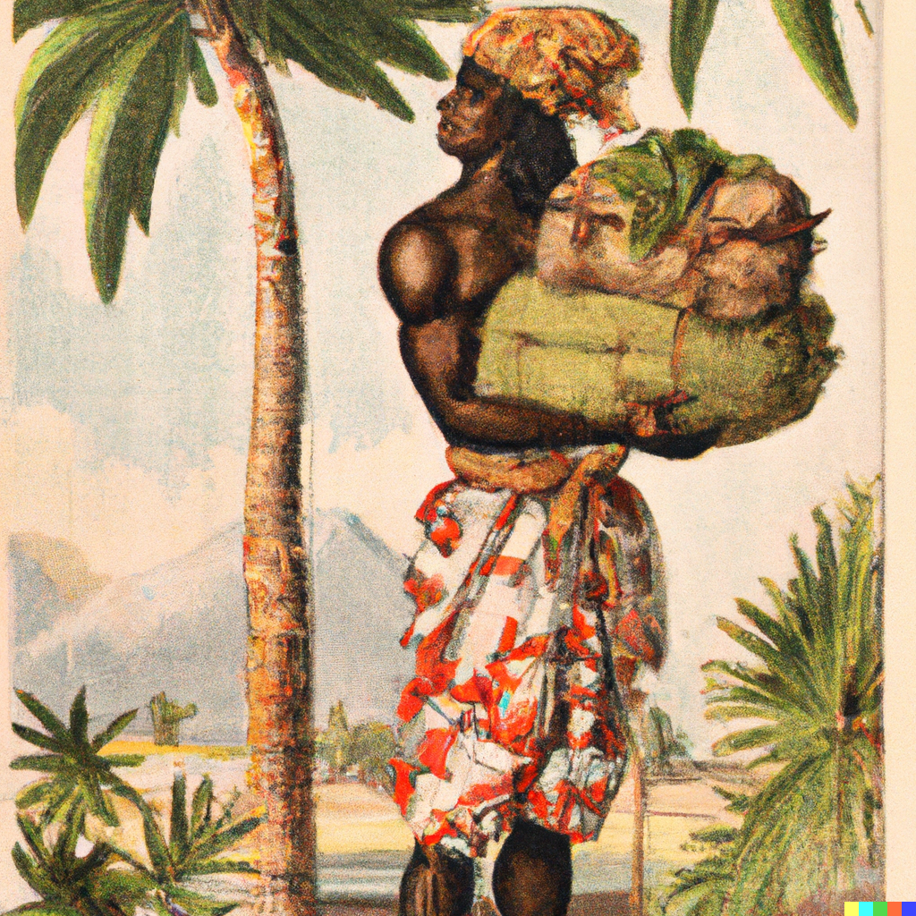 a 18th century book illustration of a black man on a sandy beach, dressed with a skirt of palm leaves, presenting in his arms a small pile of parcels, wrapped in palm leafs and decorated with tropical flowers. 
(brought to reality by Dall-E)
